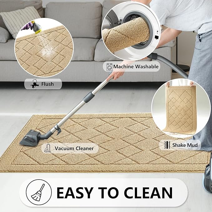 REFETONE Indoor Doormat, Front Back Door Mat 32"x40" Rubber Backing Non Slip Mats, Absorbent Washable Entrance Doormat for Entryway, Resist Dirt Low-Profile Inside Floor Mat for Muddy Shoes, Beige