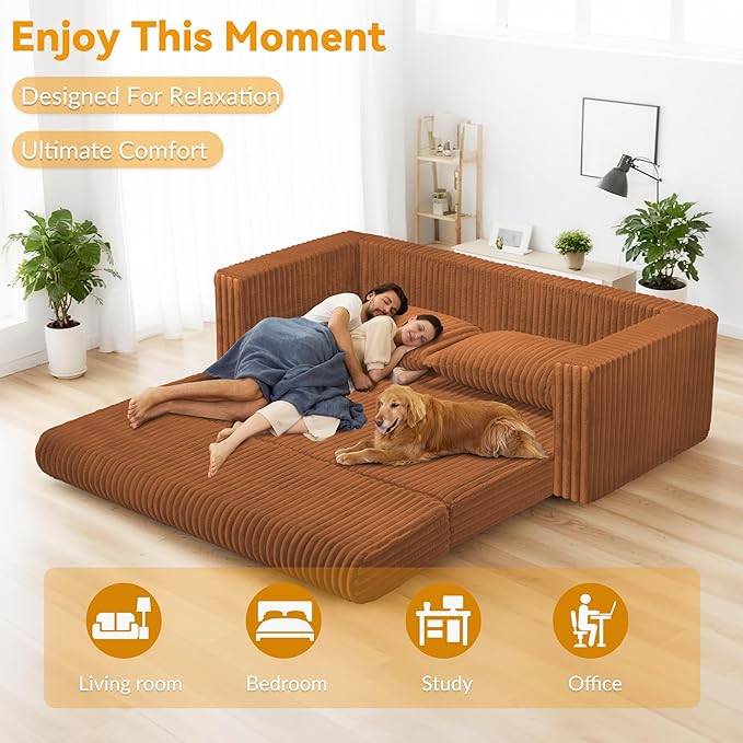 HABUTWAY Folding Sofa Bed, 2 in 1 Convertible Sleeper Chair with 2 Pillows, Portable Fold Out Chair Bed with Armrest, Comfy Floor Couch, Lazy Sofa for Living Room Bedroom Dorm Home Office, Caramel