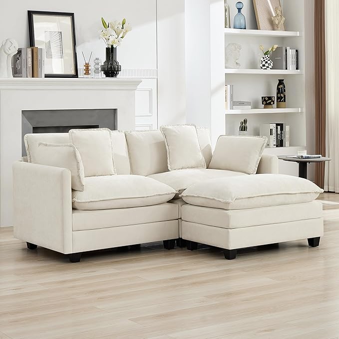 76'' Cloud Deep Seat Loveseat Sofa, Chenille Modular 2-Seat Sectional Couch with Movable Ottoman, Modern Comfy Settee Couches for Living Room & Small Apartment, Beige