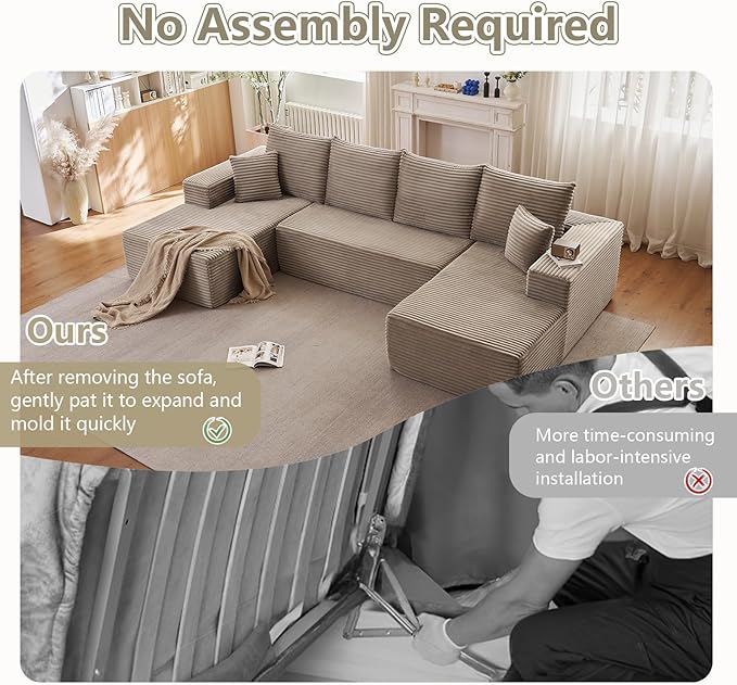 Sectional Cloud Couch for Living Room, Stupendous U Shaped Sofas, Modular Floor Deep-Seat Sofa, Big Comfy Corduroy Couches Set with Fluffy Memory Foam, No Assembly Required, Camel