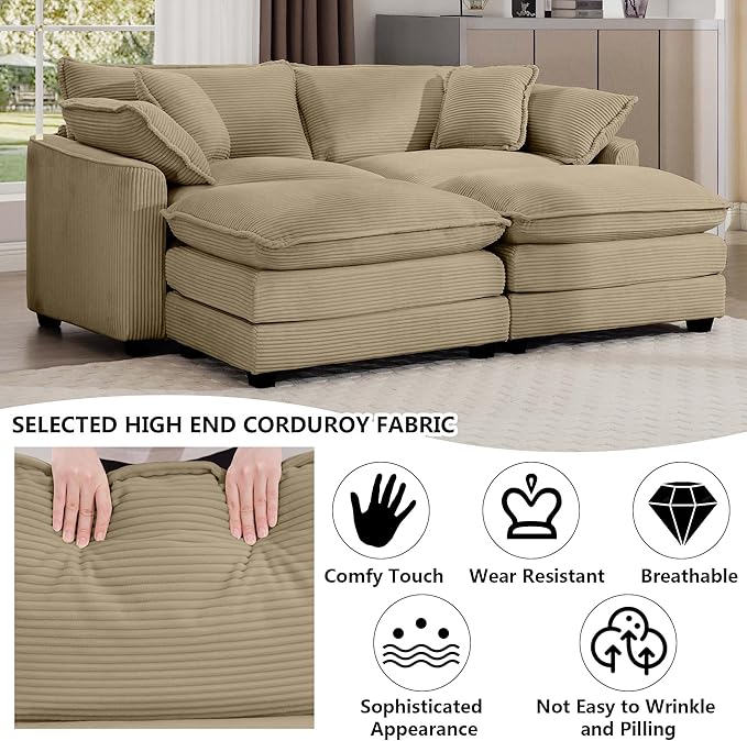 Aoowow Oversized Loveseat Couch with Ottomans,Modern Corduroy 2 Seater Cloud Couches for Living Room,Modular Sectional Cloud Sofas Deep Seat,Double Lounger Sleeper Sofa