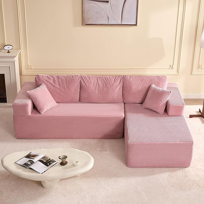 Afuson 107" Boneless Couch with Deep Seat, Modular Sectional Sofa, Cloud Sectional Couch for Living Room, No Assembly Required, Corduroy, L-Shape Left, Pink