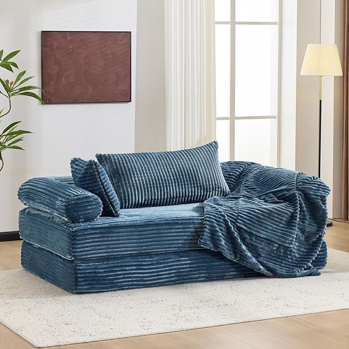 VINGLI Convertible Futon Sofa Bed, Upholstered Corduroy Boneless Couch King Size Floor Loveseat Sleeper Sofa with 2-in-1 Throw Pillow, Couches for Living Room, Bedroom, Lounge, Navy Blue