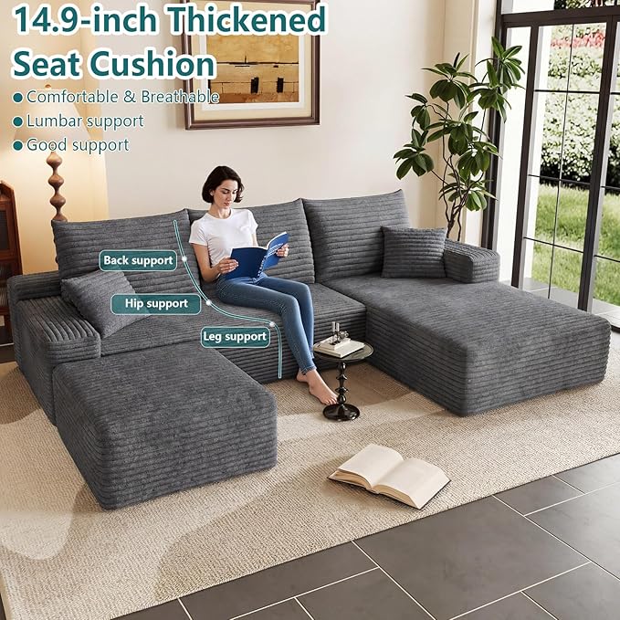 95" U-Shape Cloud Couch, Modern Modular Sectional L-Shape Sofa with Ottoman, Corduroy Upholstered Couches Deep Seat Sleeper Chaise Longue for Living Room, No Assembly Required(Dark Gray, Right Facing)
