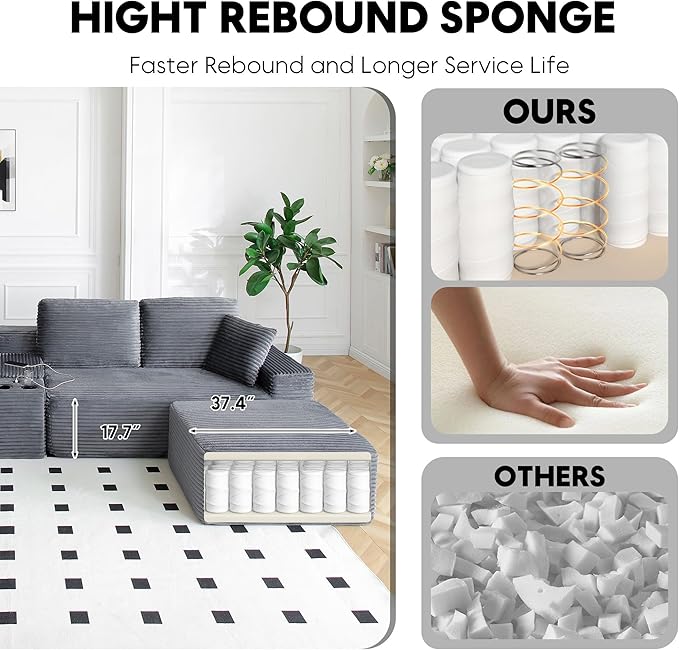 125” Oversized Modular Sectional Sofa, Deep Seat Corduroy Cloud Couch with Cup Holders, USB Ports & Storage Box, Sleeper Sofa Couch Boneless Couches for Living Room, No Assembly Required (Grey)