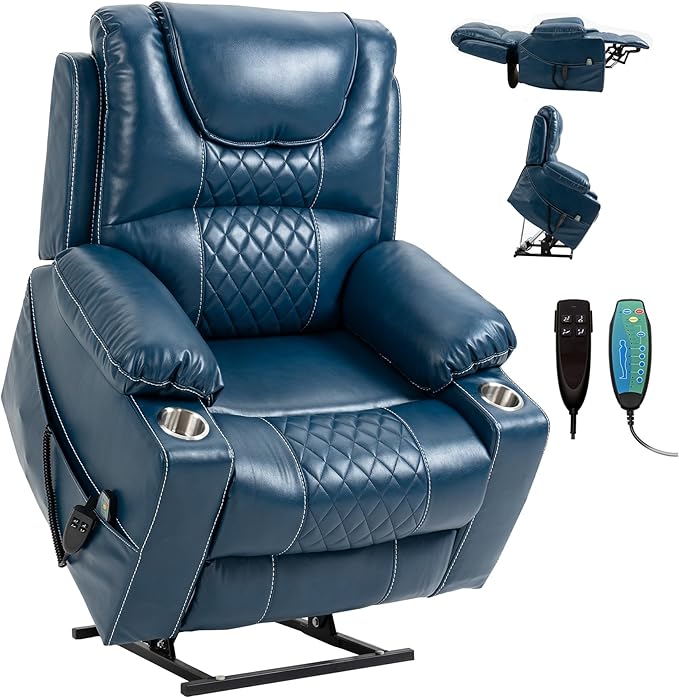 Oversized Power Lift Recliner Chair 400 LBS for Big and Tall, 25" Extra Wide Electirc Recliner Chair Living Room Sofa with Massage and Heating, Dual Motor Leather Home Theater Seat,Blue