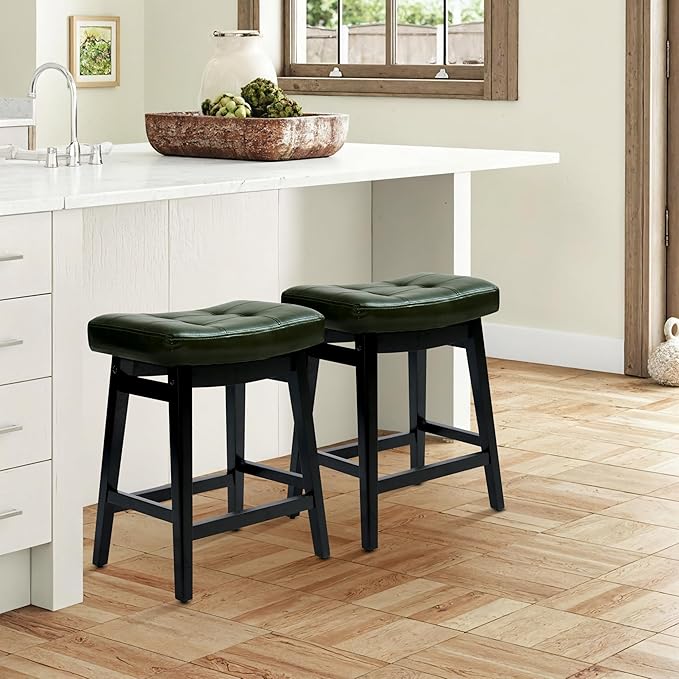 RNKSFX Counter Height Bar Stools Set of 6 for Kitchen Counter Farmhouse Modern Barstools with Faux Leather Upholstered Backless Seat and Solid Wood Legs 24 inch Bar Chairs, Green + Black