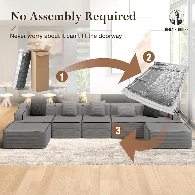 HERA'S HOUSE 163" Cloud Sectional Couch, Oversized U-Shaped Modular Upholstered Sofa with Ottomans, Corduroy Boneless Couches with 6 Throw Pillows for Living Room, No Assembly Required, Grey
