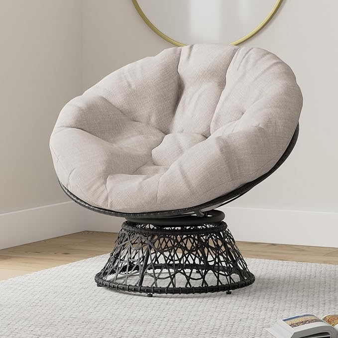 Bme 40" Ergonomic Wicker Papasan Chair with Soft Thick Cushion & Frame, 360° Swivel Papasan Chair, Circle Chair, Reading Chair, Chair for Living Room, Bedroom, Silver Cloud - Black Frame