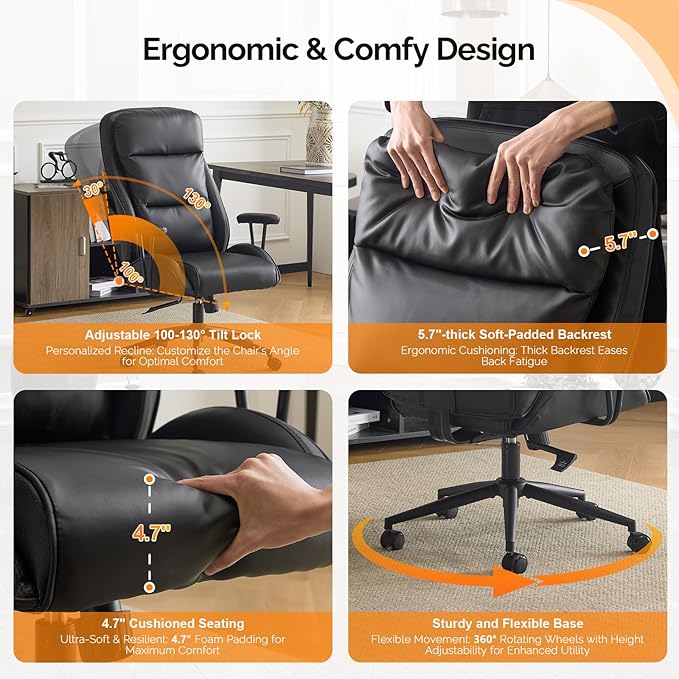 VINGLI Executive Ergonomic Office Chair with 100-130° Reclining, High-Back Desk Chair with Adjustable Base & Headrest Support & Wheels, Comfy Gaming Chair for Computer, Home Office, Pu-Leather, Black