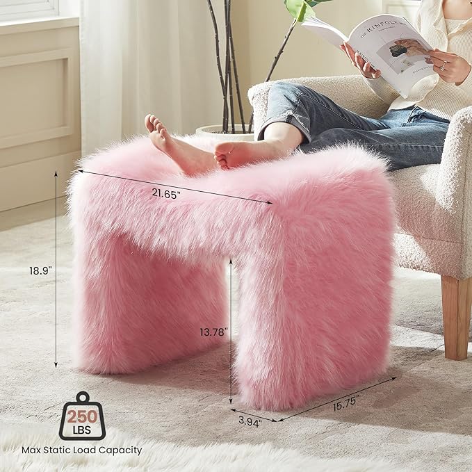 Vanity Stool Chair Small Footstool Ottoman Faux Fur Seating Backless Modern Foot Rest Ottoman Furry for Makeup Room Living Room Bedroom Entryway,Pink (Single 1)
