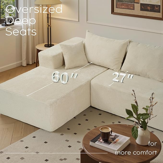 Sectional Cloud Boneless Couch for Living Room Bedroom, Comfy Modern L Shaped Modular Sofa with Left Facing Chaise, Deep Seat Memory Foam Couch in Box, No Assembly (Fine Striped Corduroy, Beige)