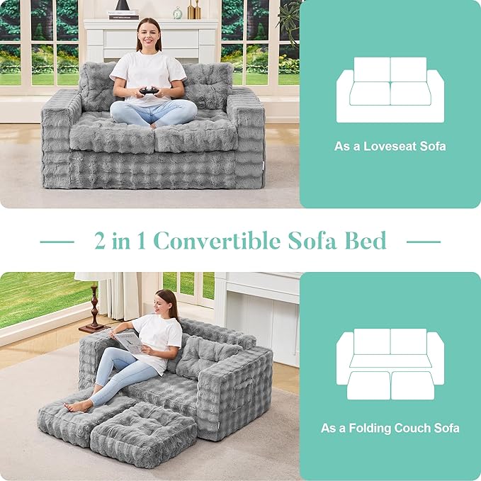 Hobestluk Sofa Couch Loveseat Sofa with Bubble Fabric 2-Seater Sofa for Small Spaces Comfortable Foam Floor Sofa 2 in 1 Boneless Couch for Living Room Bedroom Apartment or Office (Grey, Loveseat)