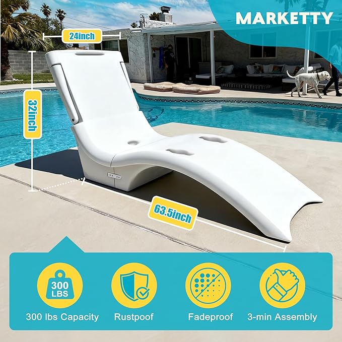 MARKETTY Pool Lounger, Fade-Resistant, Waterproof, Anti-Floating Patio Furniture, Pool Lounge Chair for Sun Shelf, Use in Pools with Shelves Up to 9-Inches Deep or Outside Pool Deck, White