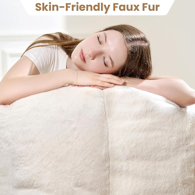 Bean Bag Chairs for Adults, Teens Beanbag Reading Chair with Petal Arm Rest, Comfy Faux Fur Fluffy Bean Bag for Youth Living Room, Bedroom, Dorm, Game - White, Large, Low Support