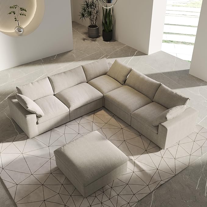 V-Shaped Cloud Sectional Couch, Modular Sectional Sofa, Modern Comfy Cloud Sofa with Storage Ottoman, Covers Removable, Convertible Sleeper Couch for Living Room Apartment (Khaki, Linen Fabric)