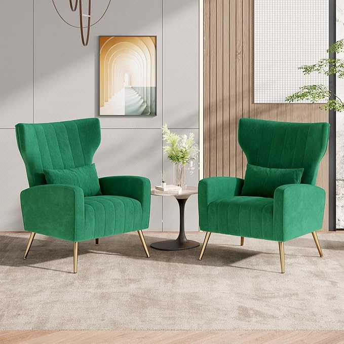 Nalupatio Modern Accent Chairs for Set of 2 Upholstered Velvet Fabric Reading Chair Mid Century Arm Chair Comfy Armchair for Living Room,Green