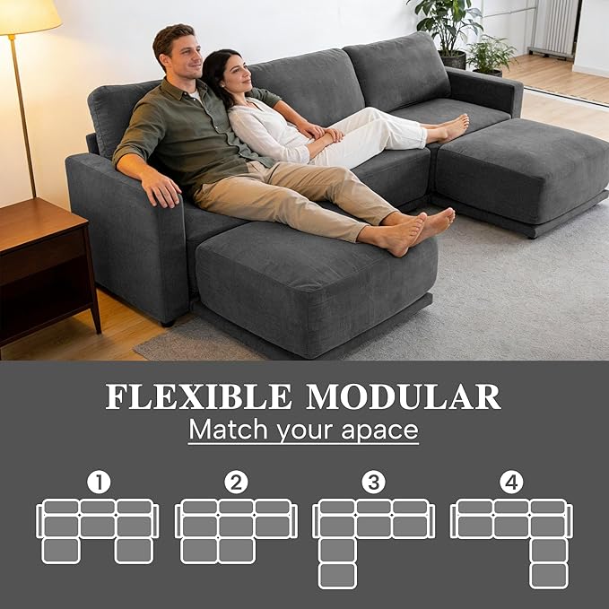 CAPCAPA 112" Modular Sectional Couches for Living Room, U-Shaped Modern Sofa with Ottomans, 5-Piece Chenille Sofa Set for Home Furniture, Dark Grey