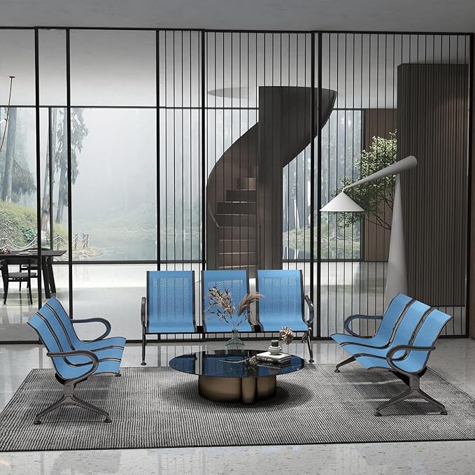 Kinfant 3-Seat Waiting Room Chair - Office Guest Reception Chairs with Ergonomic Backrests, Airport Waiting Bench with Armrests, Metal Waiting Furniture for Hospital, Bank, Salon, (Blue, Set of 3)