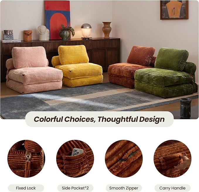 ovios Folding Sofa Bed, Foldable Sleeper Chair Floor Futon, Comfy Portable Convertible Fold Out Lounge Chairs for Living Room Bedroom, Brown