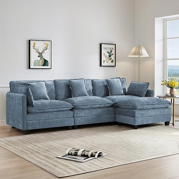 UMBFUN 3-Seater Cloud Couch with Ottoman, Oversized Comfy Modular Sectional L Shaped Sofa with Deep Seats, Chenille Couch for Living Room, Blue