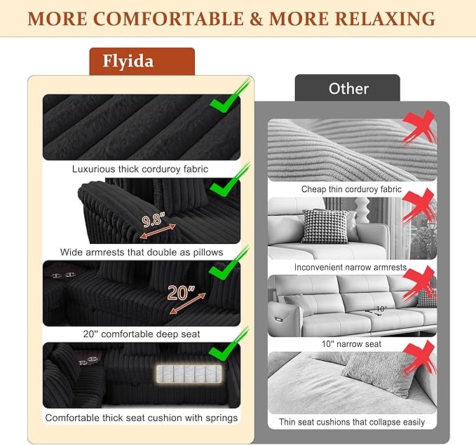 Modular Sectional Sleeper Sofa with Pull Out Bed, Storage Chaise & USB Charging, U Shaped Plush Corduroy Sectional Couches for Living Room, Comfy Convertible 7 Seat Cloud Sofa Bed, Dark Black
