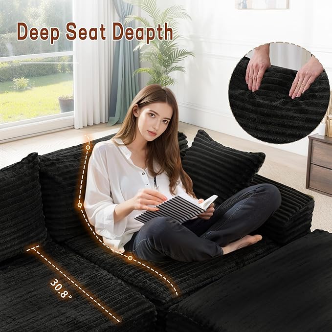 Korser 110" Sectional Couches for Living Room, Modular Sectional Sofa with L-Shape Chaise, Cloud Couch, Comfy Corduroy Fluffy Couch with Deep Seat and Side Pockets