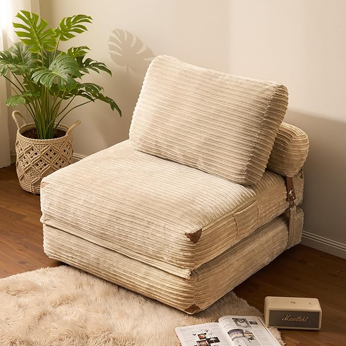 CAODOC Folding Sofa Bed Convertible Sleeper Chair with Pillow, Foldable Mattress Lounge Chair for Living Room Bedroom, Portable Guest Bed Beige