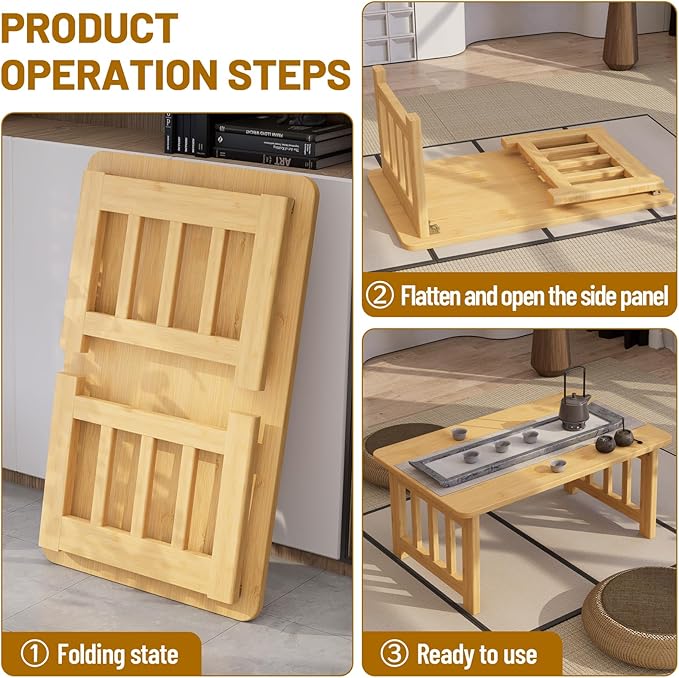 Japanese Folding Floor Coffee Table, Bamboo Foldable Low Table for Sitting On The Floor No Assembly Portable Tea Table Chabudai Table for Tatami, Bay Window, Meditation, Altar (Wood Color)