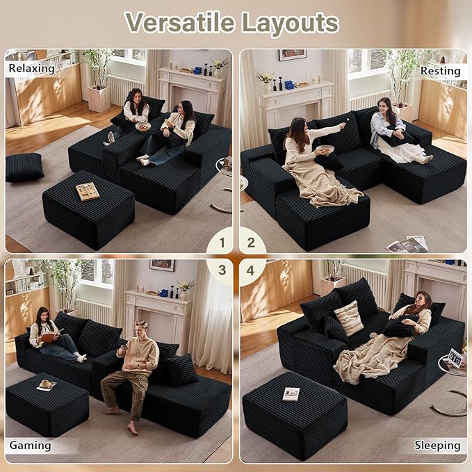 Lakifun 107" U-Shape Cloud Couch, Modern Modular Sectional Comfy L-Shape Sofa with Ottoman, Deep Seat, Upholstered Corduroy Sleeper Chaise Longue for Living Room Bedroom, No Assembly Required, Black