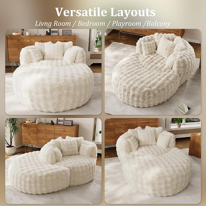 55" W Oversized Round Chaise Lounge Chair with Ottoman Indoor Boneless Faux Fur Plush Fluffy Circle Couch Soft Comfy Cozy Cloud Reading Chair for Living Room, Playroom, Bedroom - Beige White