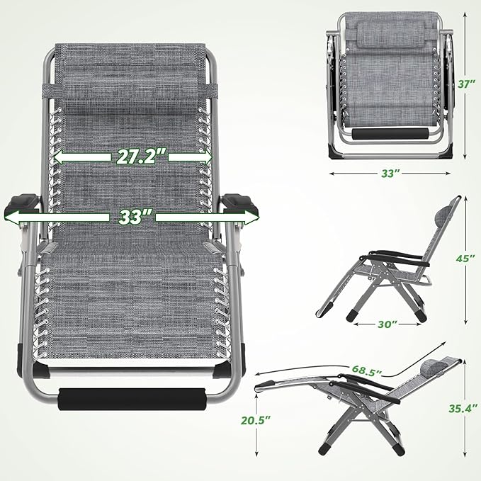 ZENPETIO Oversized Zero Gravity Chair, 33In XXL Zero Gravity Recliner Lounge Chair, Anti Gravity Chair for Indoor and Outdoor, Reclining Camping Chair for Lawn and Patio w/Cushion and Footrest, 500LBS