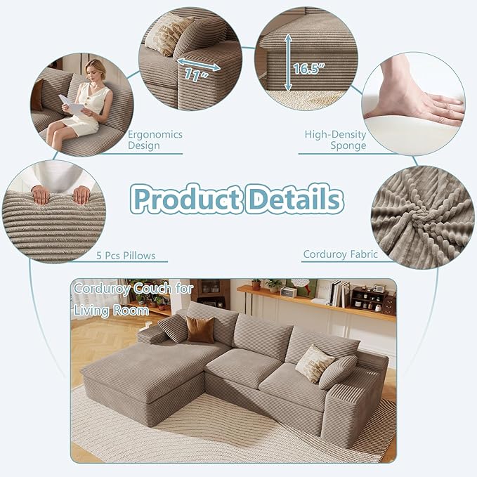 107" Cloud Sectional Couch with L-Shape Chaise, Modern Corduroy Viral Boneless Sofa for Living Room,Memory Foam Couches in a Box with Deep Seat,No Assembly Required (Camel,Left-Facing Chaise)