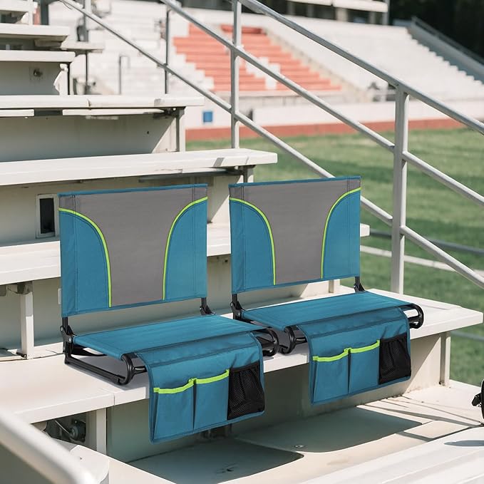 HIGH POINT SPORTS Folding Stadium Seat Bleacher Chair with Mesh Bag and Hide Hooks, Portable Stadium Chair with Back, Outdoor Comfort Chair, Blue Green