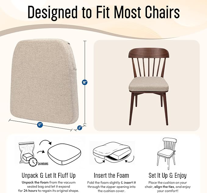 D-Shaped Indoor Chair Cushions 17" x 16" for Kitchen & Dining Chairs – 2'' Thick Seat Pads with Ties & Non-Slip Backing, High-Density Foam, Machine-Washable Covers, Set of 4 with Chair Leg Pads, Beige