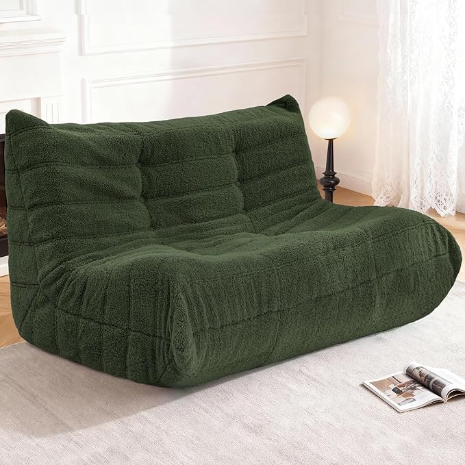 Bean Bag Loveseat Chair Big Sofa Beanbag Chair for Adults Fireside Chair Bean Bag Lounger with Memory Foam Filled for Home,Apartment or Gaming Venue（Green Teddy）