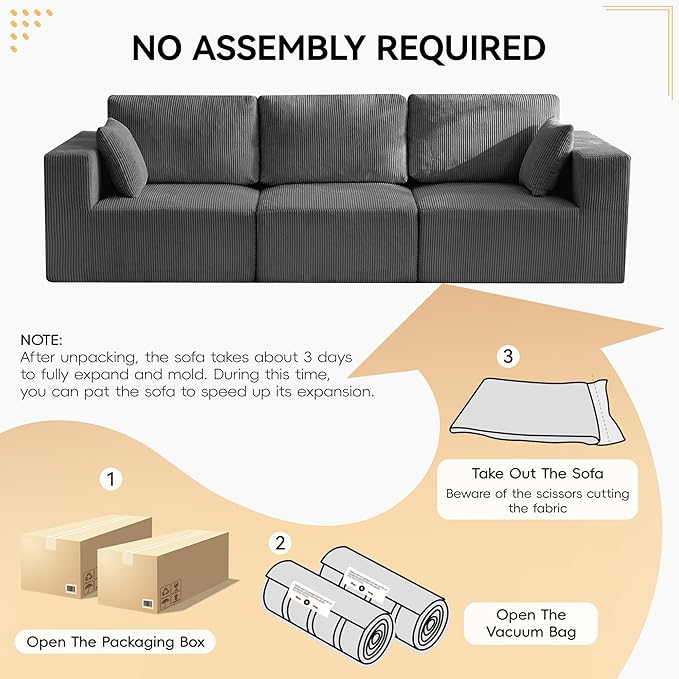 115'' Comfy Boneless Couch, Upholstered Deep Seat Modular Cloud Sofa, No Assembly Corduroy Compression 3 Seater Sofa Couch for Living Room, Grey