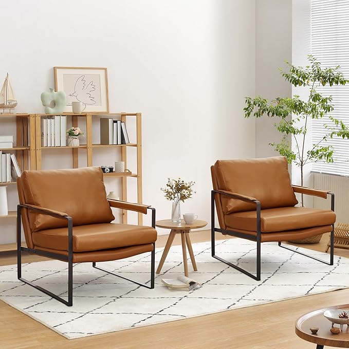 Zouron Genuine Leather Accent Chairs for Living Room, Set of 2, Mid Century Modern Chair with Black Metal Frame, Single Sofa Chair, Upholstered Lounge Reading Armchair, Brown