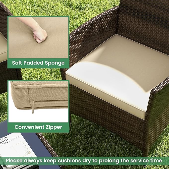 RELAX4LIFE 8-Piece Patio Furniture Set - Rattan Outdoor Conversation Bistro Set w/Cushions, Glass Coffee Table, Wicker Chairs & Loveseat for Garden Backyard Porch, Balcony Furniture Set (2, Beige)