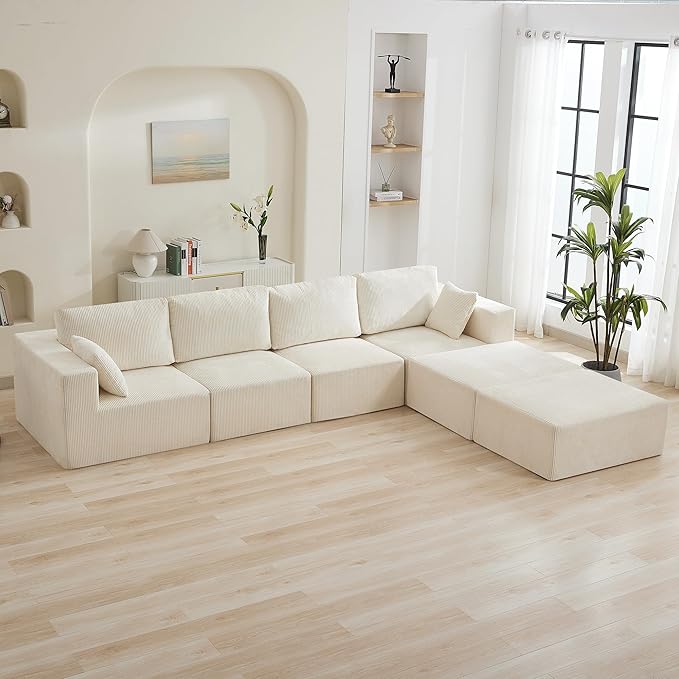 146'' Oversized Boneless Sofa, 4 Seater Modular Sectional Couch with 2 Moveable Ottoman, U Shaped Corduroy Convertible Sleeper Sofa with Chaise for Living Room, Beige