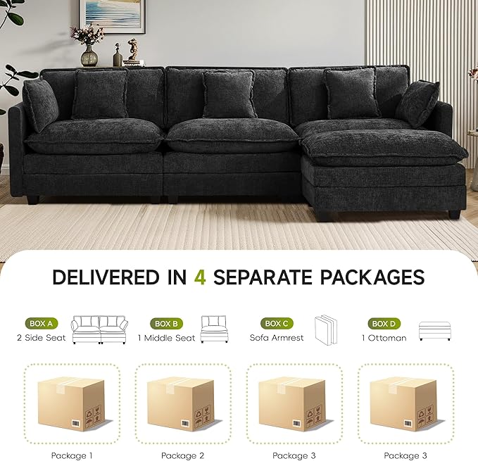 UMBFUN 3-Seater Cloud Couch with Ottoman, Oversized Comfy Modular Sectional L Shaped Sofa with Deep Seats, Chenille Couch for Living Room, Dark Grey