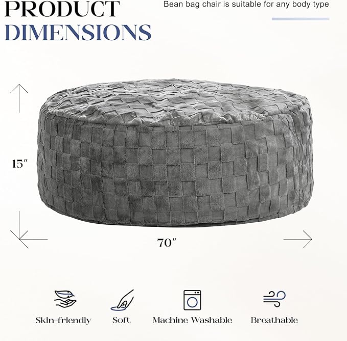 Hobestluk Bean Bag Chairs Beanbag Chair with Filler Adult Bean Bags with Fluffy Cover, Giant Bean Bag Chairs for Aduts for Living Room, Bedroom (Grey, 6FT - 70" x 70" x 15")