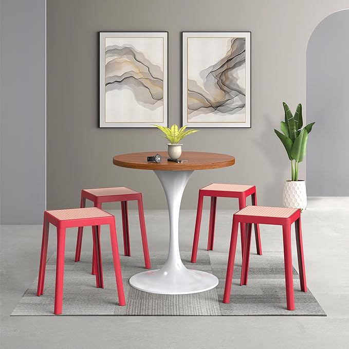 LeisureMod Stackable Square Plastic Dining Stool - Mid-Century Modern Backless Accent Stool with Wicker Top for Kitchen & Dining Room, Red