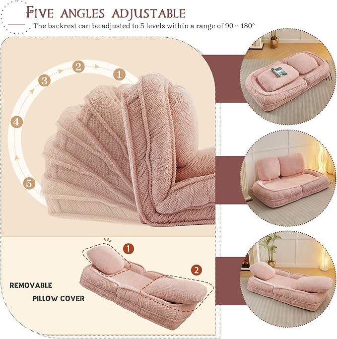 Upholstered Human Dog Bed for Adult & Pets, Convertible Lazy Sofa Bed with 5 Adjustable Position, Comfy Tatami Bean Bag Lounge Chair with 2 Soft Pillows for Bedroom Living Room Office (Pink)