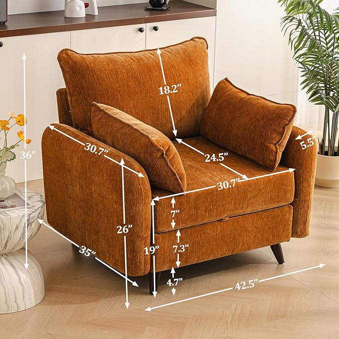 Oversized Accent Chair with Seats Storage,Comfy Living Room Chairs with 2 Throw Pillow,Upholstered Mid-Century Armchair,24.5'' Deep Seat,Reading Chair for Bedroom,Office,Chenille,Yellow