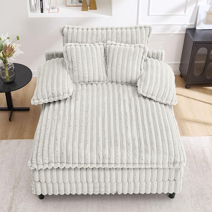 54.8" W Oversized Chaise Lounge Chair Indoor with 5-Position Adjustable Backrest, Plush Sleeper Sofa Bed with Pillows, Upholstered Cloud Couch Chair for Living Room, Study Room, Silver Grey
