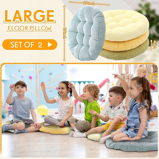 Jerify Floor Pillow Cushions 22 x 22 Inch Round Square Large Meditation Floor Pillow for Classroom Adult Meditation Picnic Party Cushion for Seating Gift Christmas(Round,Yellow-Green,4 Pcs)