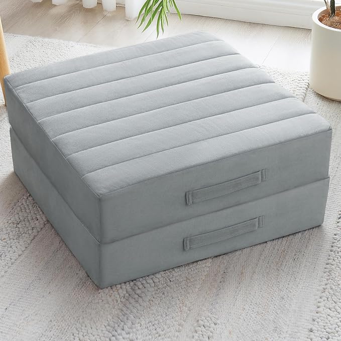 JKMAX 2 Pcs High Density Foam Floor Pillow - Upgraded Large Pillows Seating for Adults - Outdoor Floor Cushion with Soft Tufted Cover - Yoga Pillows for Sitting On Floor - 22 Inch Light Gray
