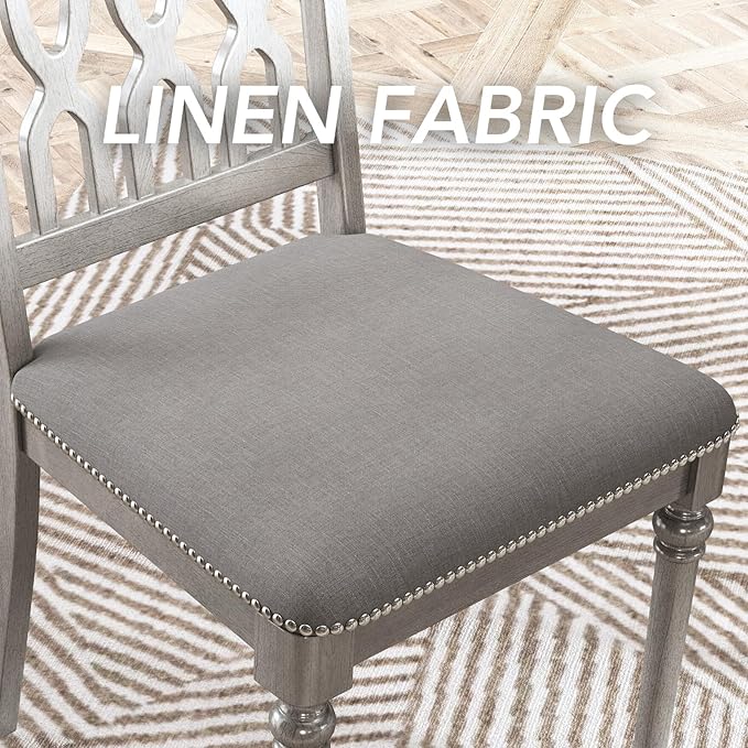 chairus Farmhouse Dining Chairs Set of 6, French Country Wooden Dining Room Chairs with Lattice Back & Nailhead Trim, Upholstered Linen Fabric Kitchen Side Chairs, Grey