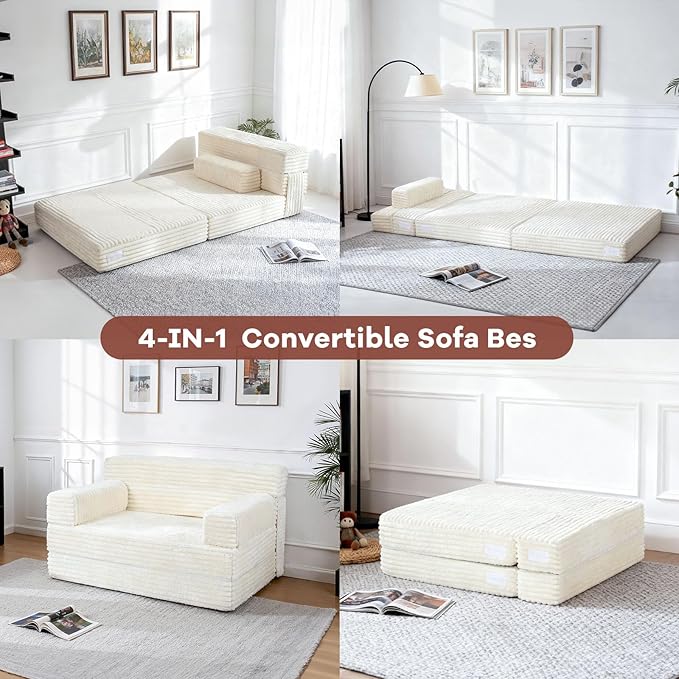 Folding Sofa Bed,Convertible Sofa Bed with Armrest Foldable Sleeper Chair, Portable Folding 4-in-1 Floor Sofa with Convertible Lounge Chair for Living Room,Bedroom,Washable Cover,White Single